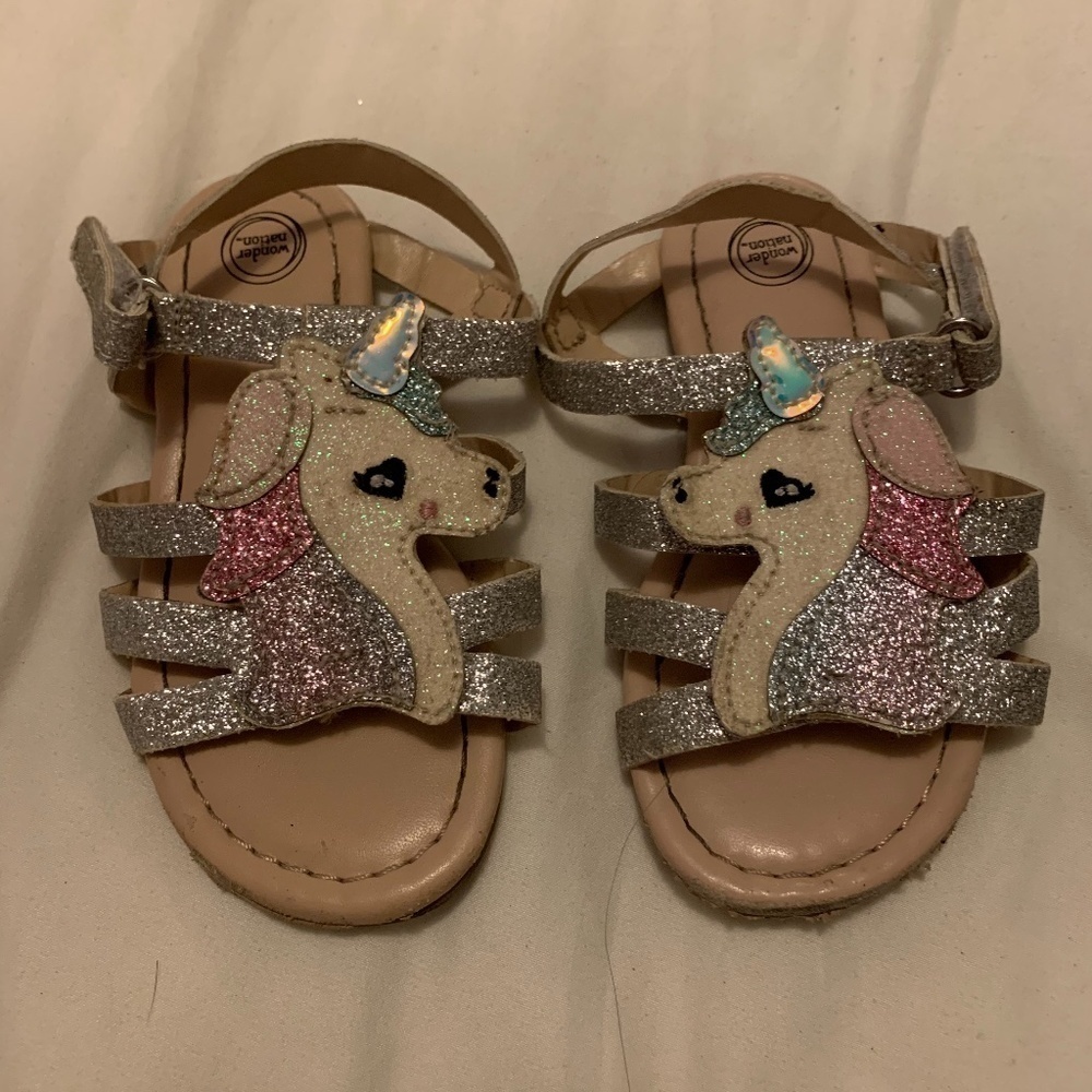 Wonder Nation Glitter Silver Unicorn Strappy Sandals Little Girls Size 7 (845)